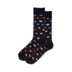 Pair of black crew socks with multicolored pixelated alien invaders.  Fun, geeky design for casual wear.