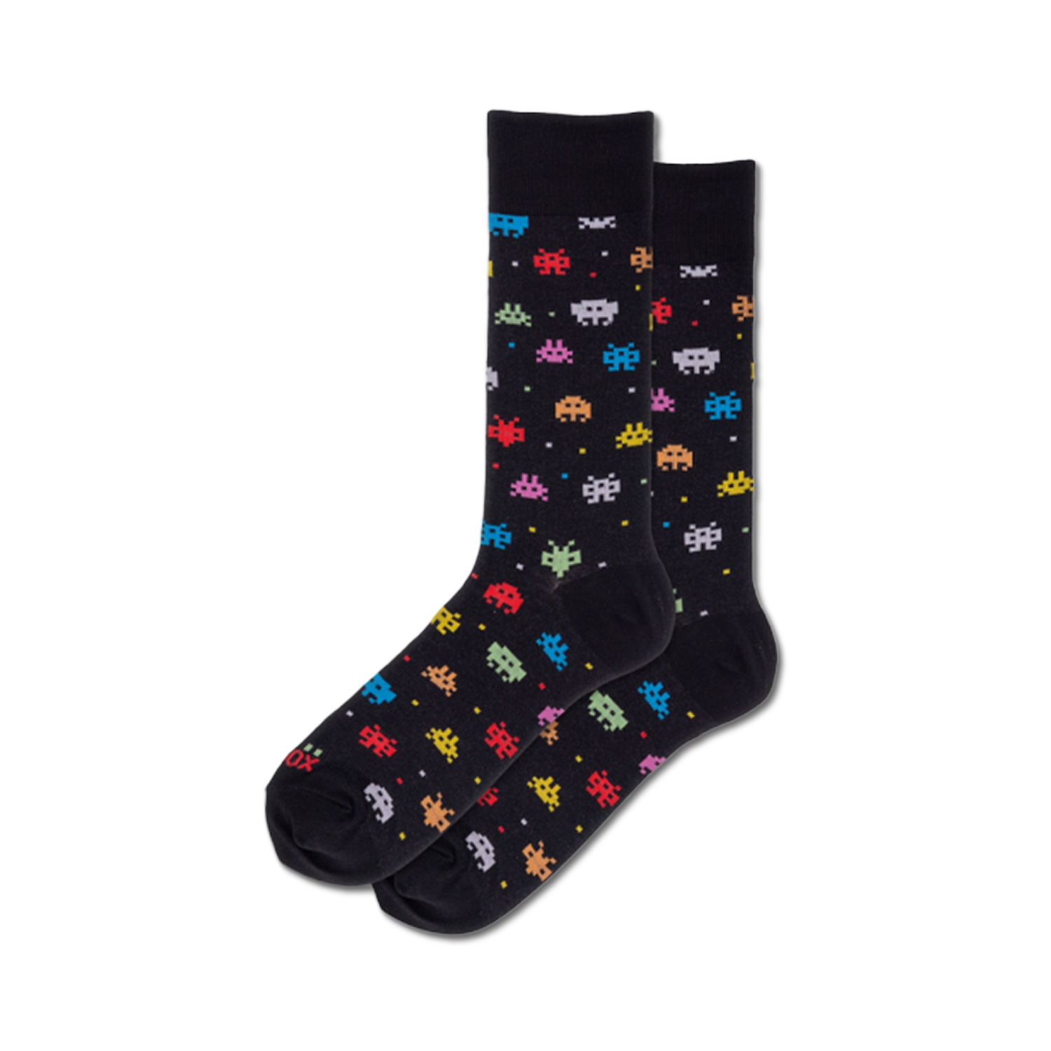 Pair of black crew socks with multicolored pixelated alien invaders.  Fun, geeky design for casual wear.