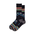 Pair of black crew socks with neon stripes and a neon gamepad design. 