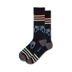 Pair of black crew socks with neon stripes and a neon gamepad design. 