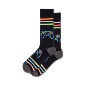 black crew socks with neon green, pink, orange, and blue video game controller pattern.  