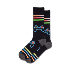 black crew socks with neon green, pink, orange, and blue video game controller pattern.  
