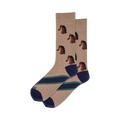Pair of tan crew socks featuring repeated brown horse head illustrations and navy blue stripes near the bottom. 
