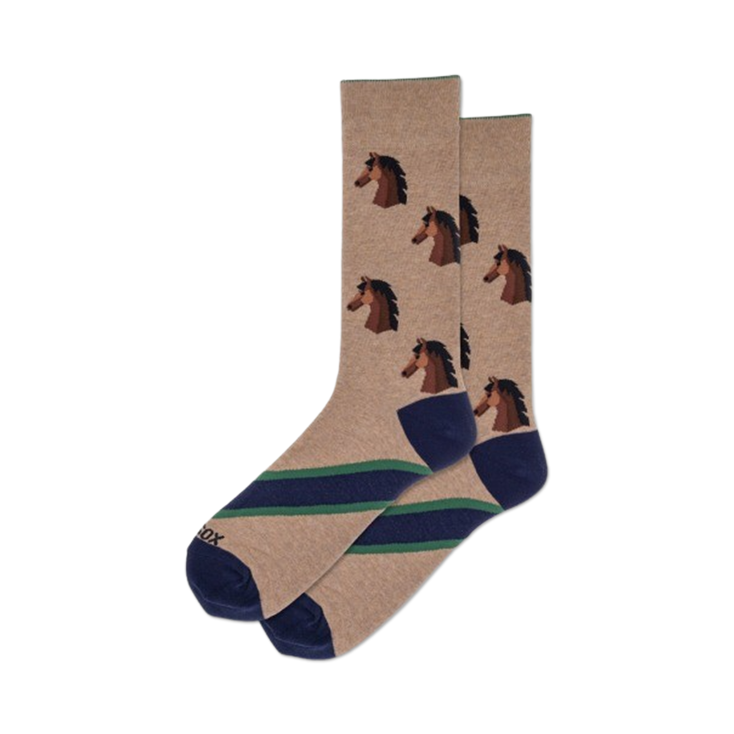 Pair of tan crew socks featuring repeated brown horse head illustrations and navy blue stripes near the bottom. 