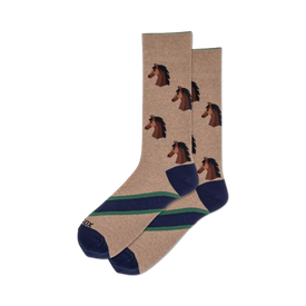 mens crew socks in brown with repeating pattern of dark brown horse heads, light blue stripes at the top, and dark blue bottom.  