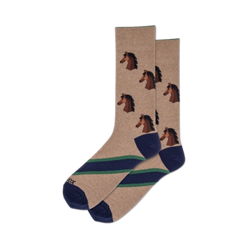 mens crew socks in brown with repeating pattern of dark brown horse heads, light blue stripes at the top, and dark blue bottom.  
