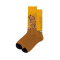 Yellow crew socks featuring Klimt's Fulfillment artwork of an embracing couple, paired with a solid tan foot and black toe.