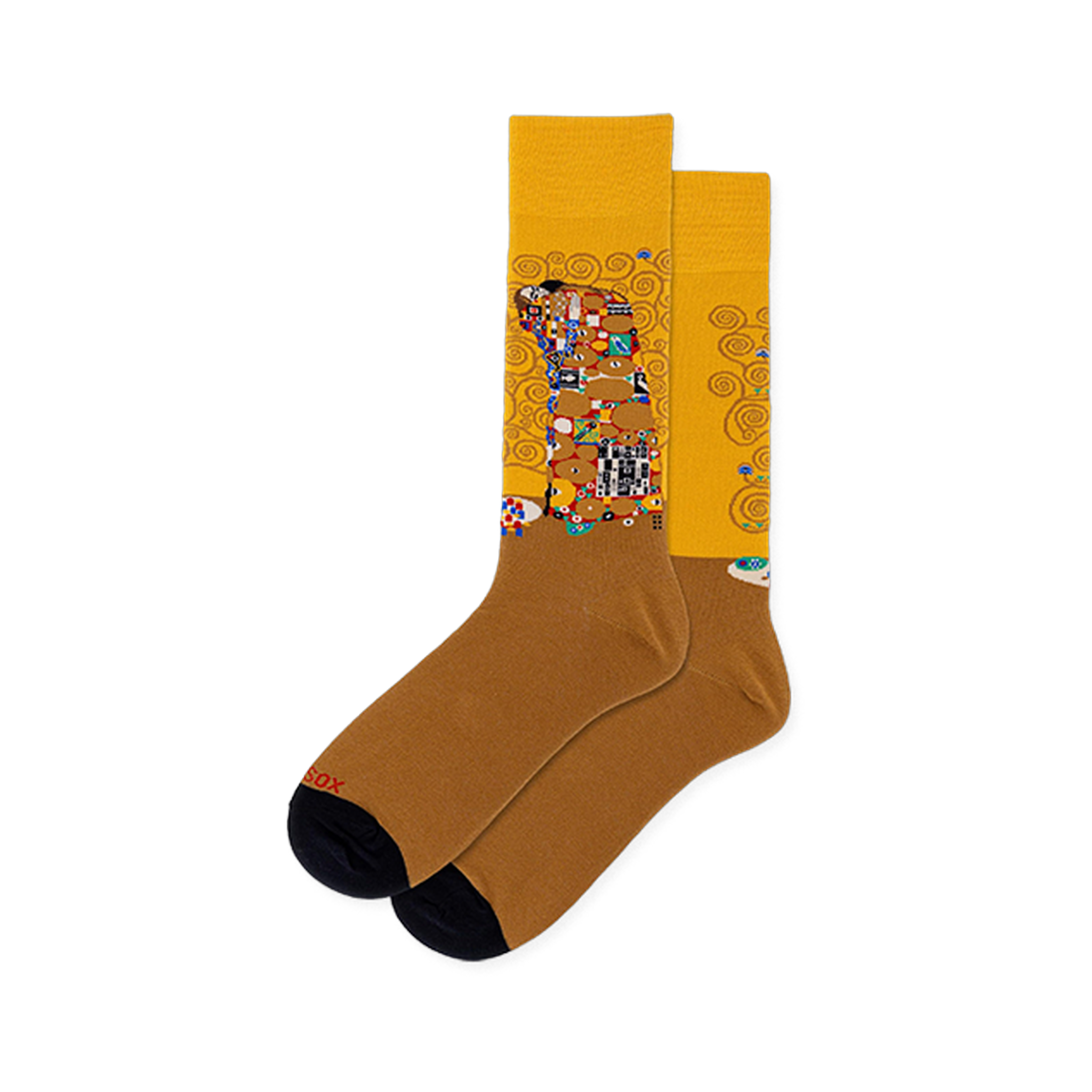 Yellow crew socks featuring Klimt's Fulfillment artwork of an embracing couple, paired with a solid tan foot and black toe.