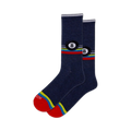 Pair of navy blue crew socks featuring a colorful retro stripe and a repeated 8-ball design.