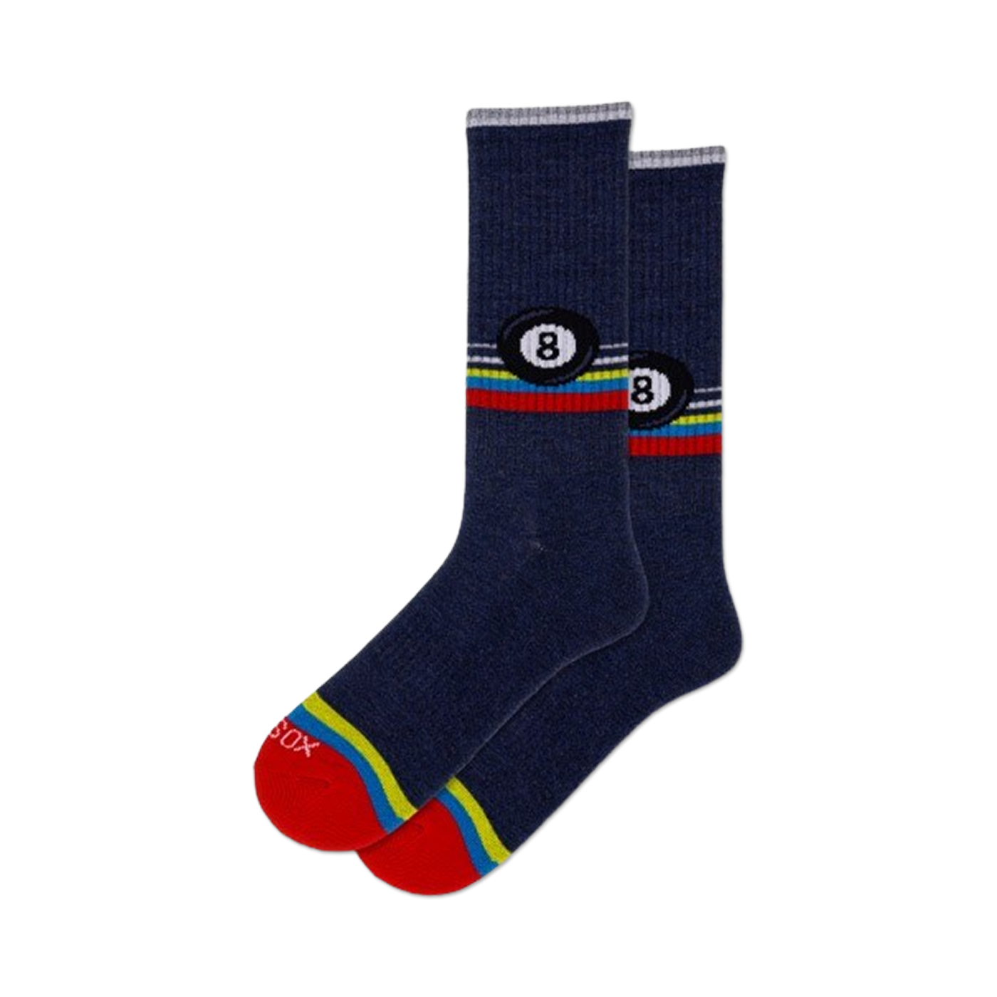 Pair of navy blue crew socks featuring a colorful retro stripe and a repeated 8-ball design.