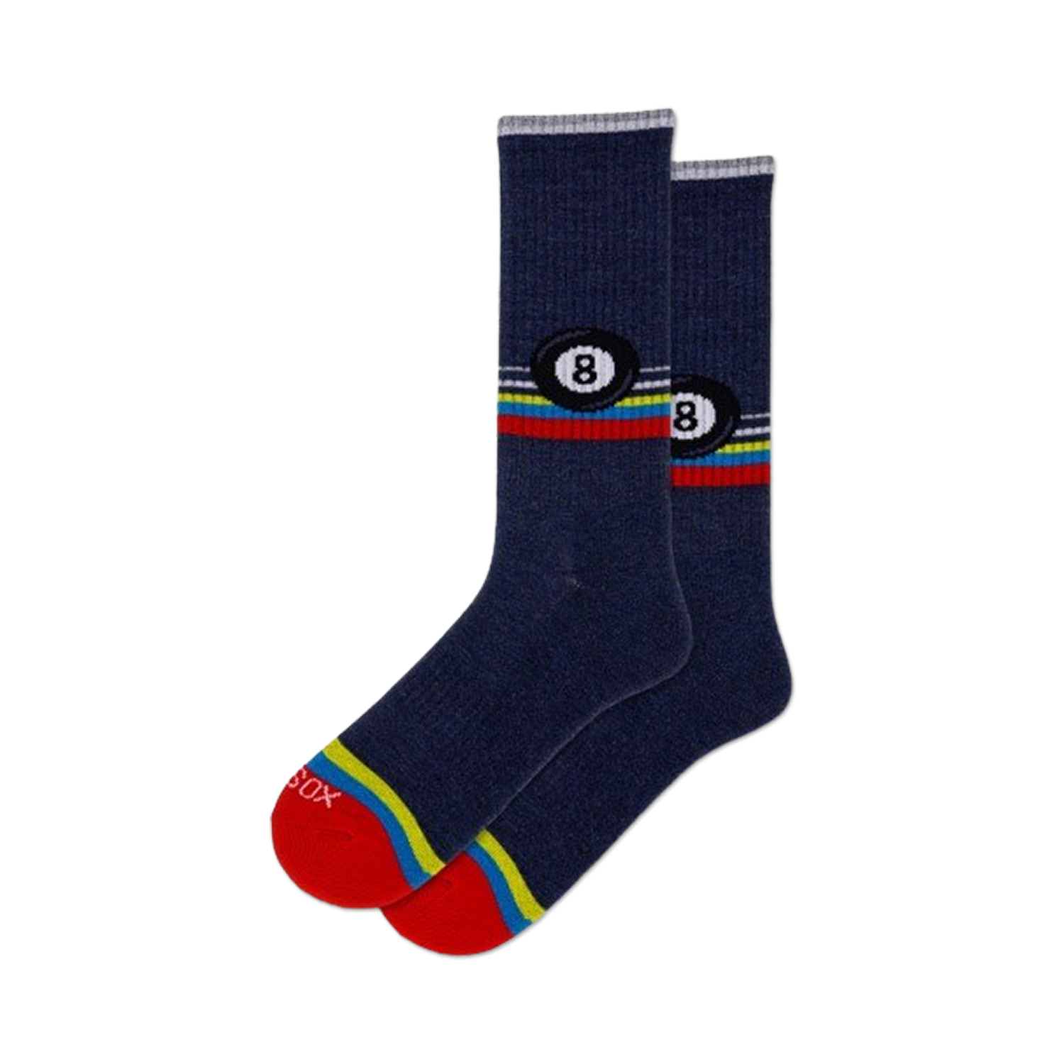 Pair of navy blue crew socks featuring a colorful retro stripe and a repeated 8-ball design.