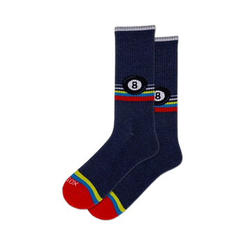 black crew socks with eight ball pattern (white number eight), yellow, red, blue, green stripes. mens.  