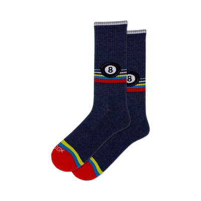 black crew socks with eight ball pattern (white number eight), yellow, red, blue, green stripes. mens.  