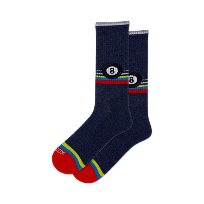 black crew socks with eight ball pattern (white number eight), yellow, red, blue, green stripes. mens.   }}
