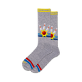 Pair of grey crew socks with a retro bowling design. Features yellow, red, and blue accents, and images of bowling pins and balls.