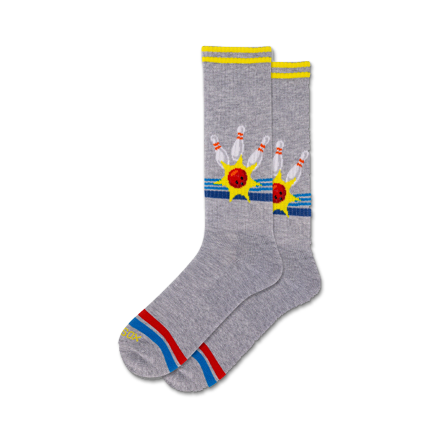 Pair of grey crew socks with a retro bowling design. Features yellow, red, and blue accents, and images of bowling pins and balls.