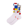 Pair of white crew socks with a Mondrian-inspired geometric design in red, blue, yellow, and grey blocks.