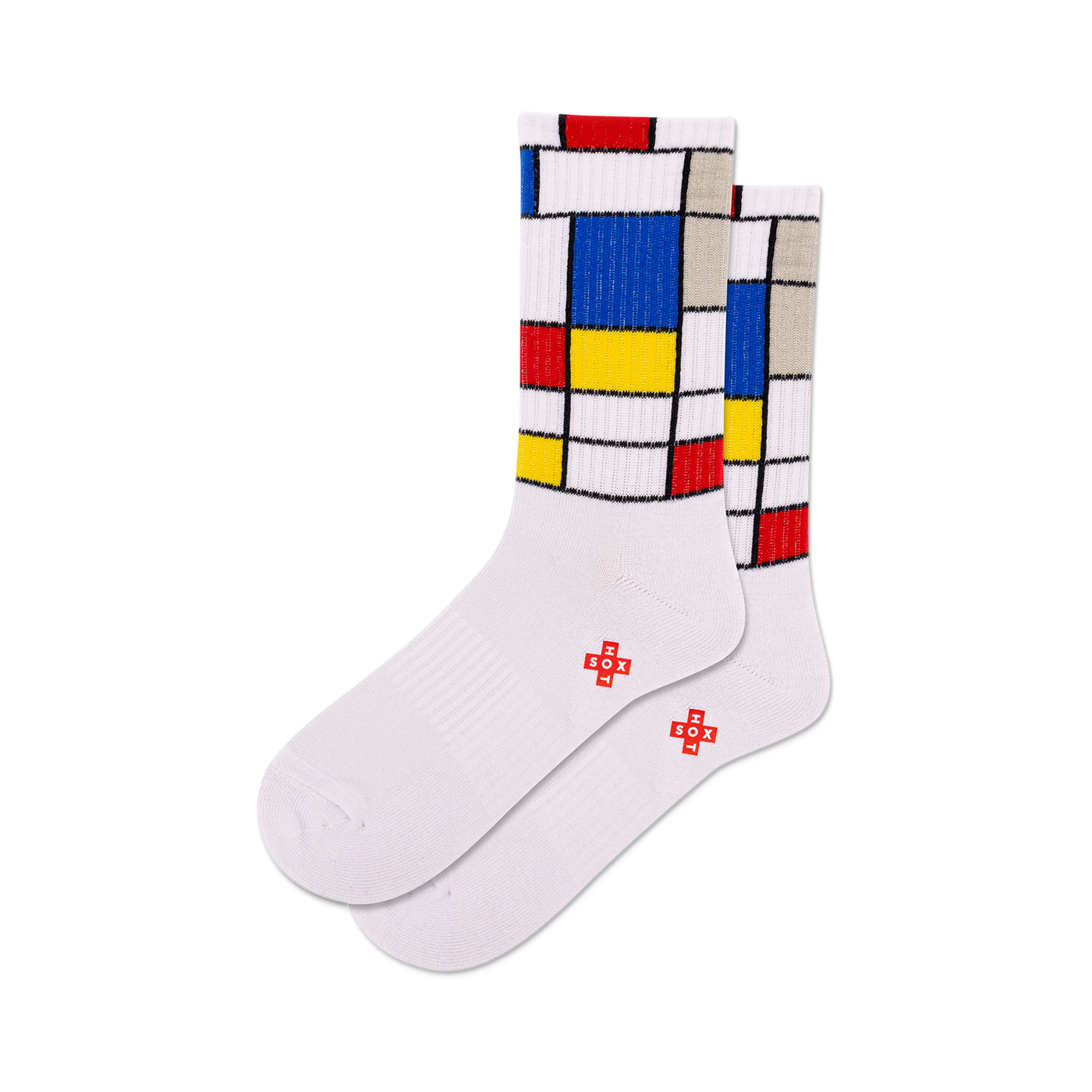 Pair of white crew socks with a Mondrian-inspired geometric design in red, blue, yellow, and grey blocks.