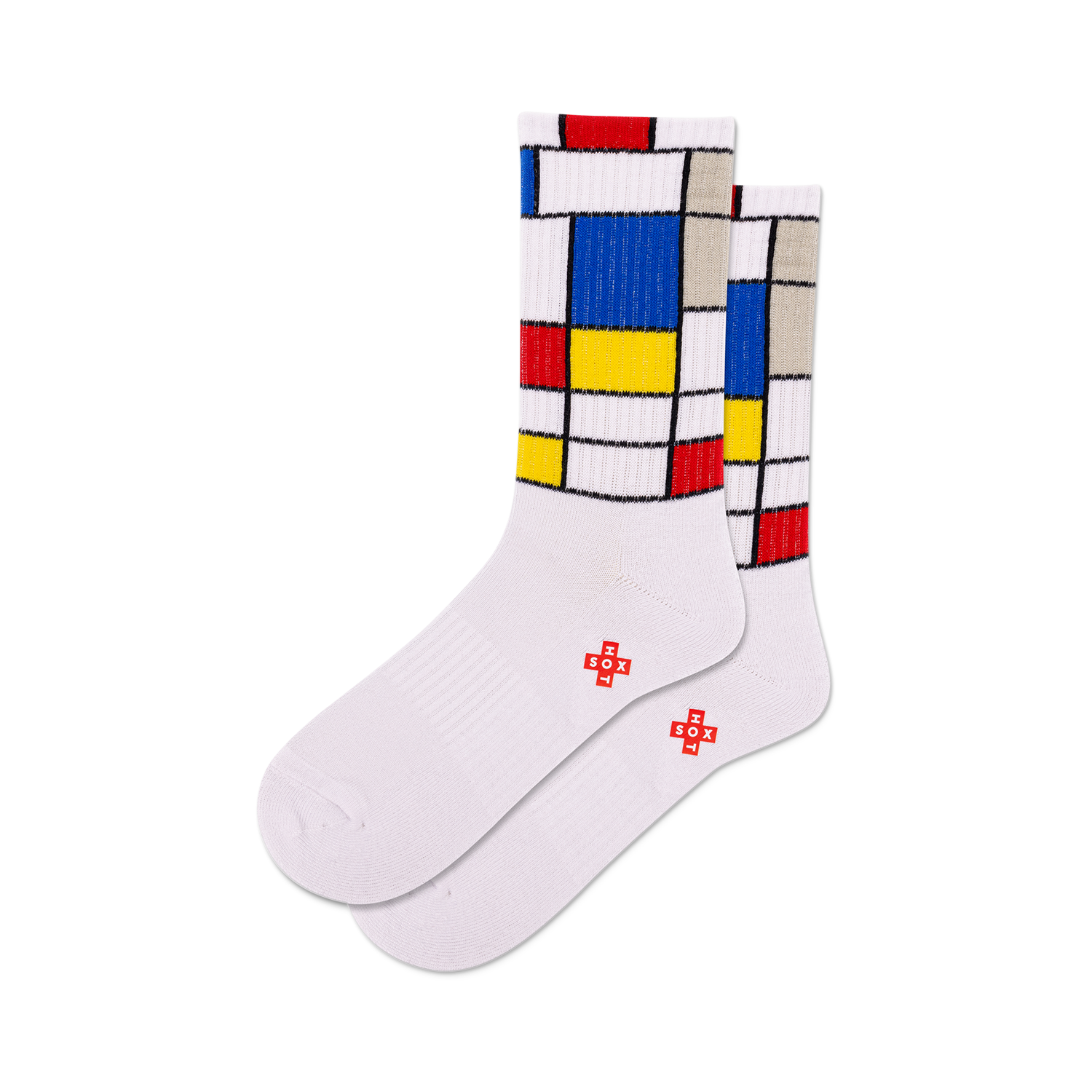 Pair of white crew socks with a Mondrian-inspired geometric design in red, blue, yellow, and grey blocks.
