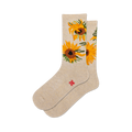 Pair of beige crew socks featuring a sunflower design. Yellow and brown sunflowers are displayed on a light beige background.