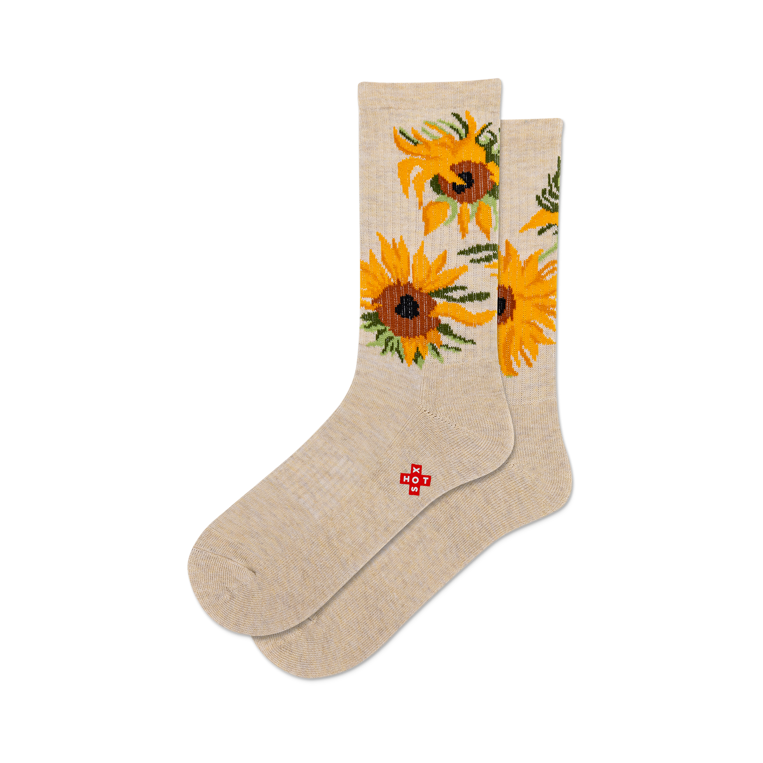 Pair of beige crew socks featuring a sunflower design. Yellow and brown sunflowers are displayed on a light beige background.