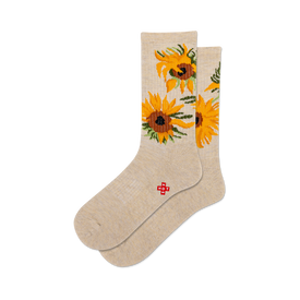 a front view of two pairs of beige socks with sunflower designs inspired by van gogh's artwork.