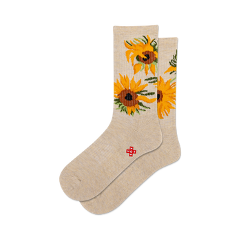 a front view of two pairs of beige socks with sunflower designs inspired by van gogh's artwork.