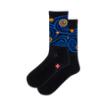 Pair of black crew socks with a blue and orange 'Starry Night' design. The socks have a small red logo on the bottom.