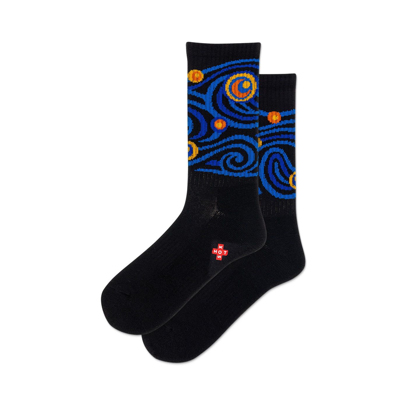 Pair of black crew socks with a blue and orange 'Starry Night' design. The socks have a small red logo on the bottom.