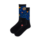 Pair of black crew socks with a blue and orange 'Starry Night' design. The socks have a small red logo on the bottom.