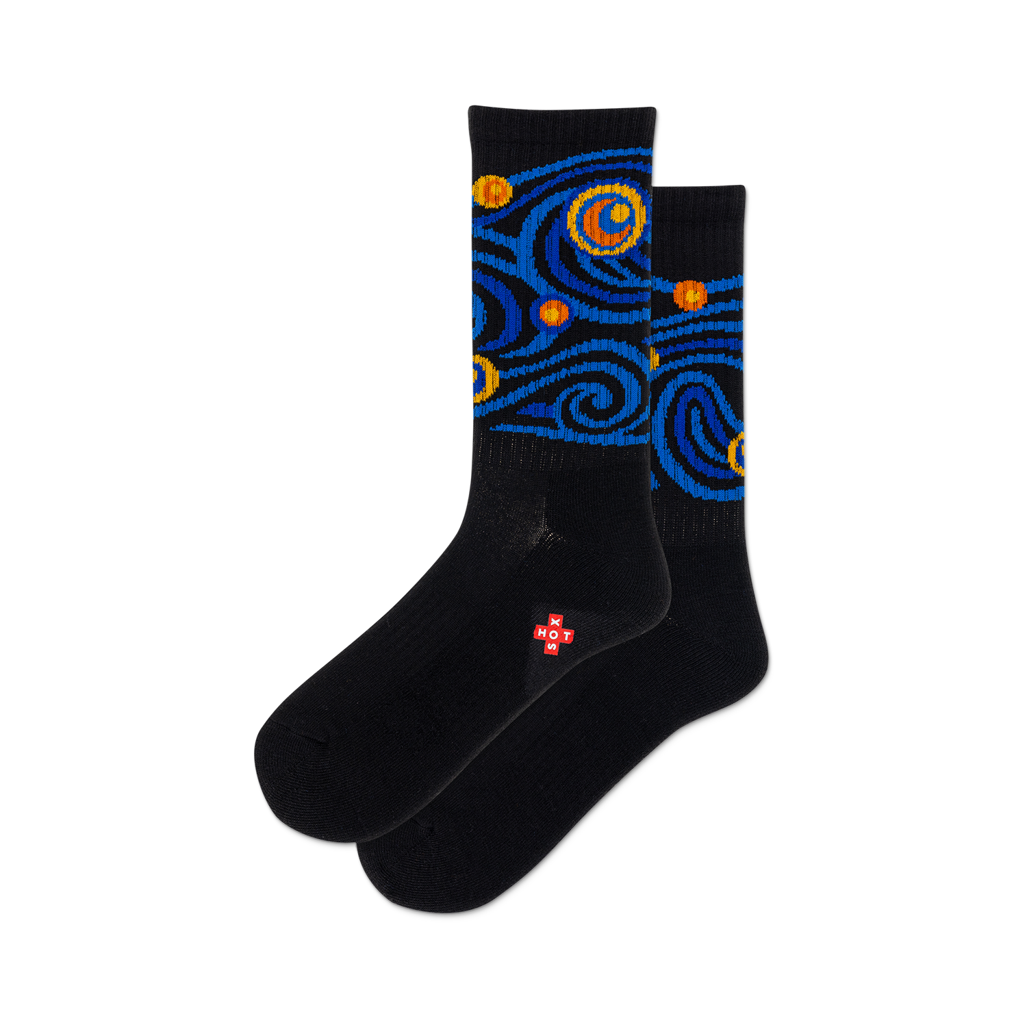 Pair of black crew socks with a blue and orange 'Starry Night' design. The socks have a small red logo on the bottom.