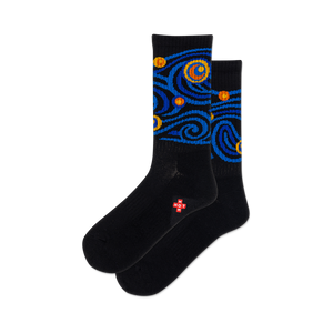 Pair of black crew socks with a blue and orange 'Starry Night' design. The socks have a small red logo on the bottom.