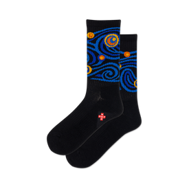 front view of two black socks with a starry night design.