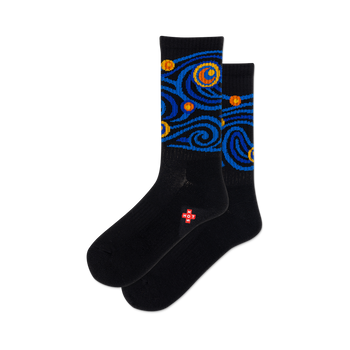 front view of two black socks with a starry night design.