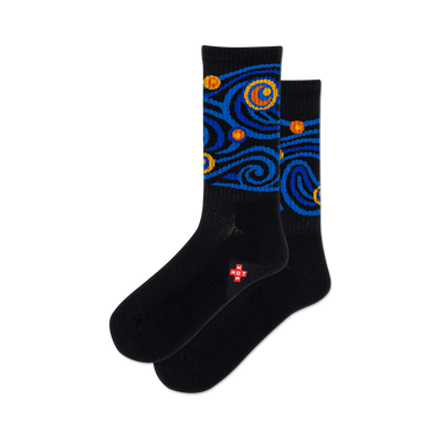 front view of two black socks with a starry night design.