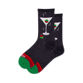 Pair of black crew socks with a metallic sheen, adorned with a whimsical martini glass and Christmas ornament design.