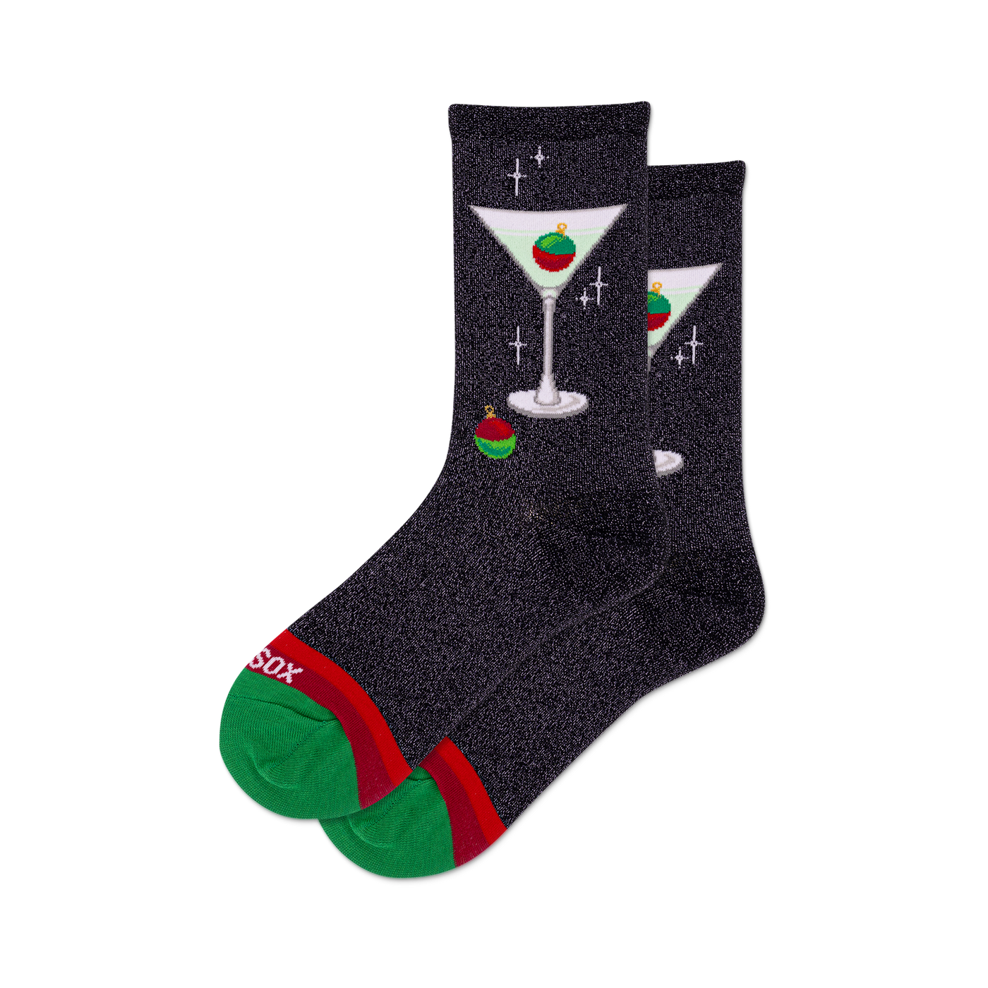 Pair of black crew socks with a metallic sheen, adorned with a whimsical martini glass and Christmas ornament design.