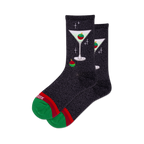 Pair of black crew socks with a metallic sheen, adorned with a whimsical martini glass and Christmas ornament design.