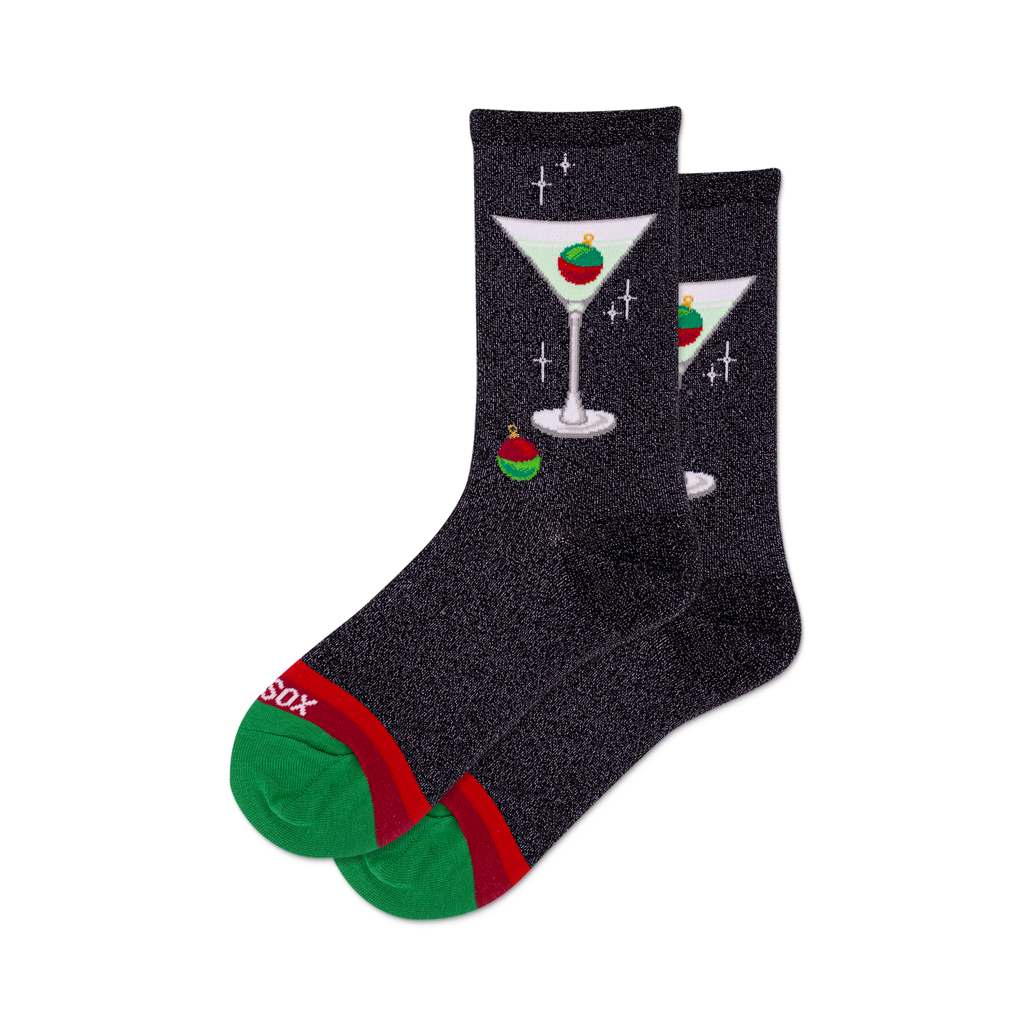 Pair of black crew socks with a metallic sheen, adorned with a whimsical martini glass and Christmas ornament design.
