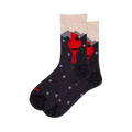 Pair of crew socks with a dark gray background.  Design features red cardinals perched on a branch against a snowy mountain scene with small snowflake details. Subtle metallic shimmer.