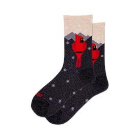 front view of two metallic grey crew socks with red cardinals and a winter mountain landscape.