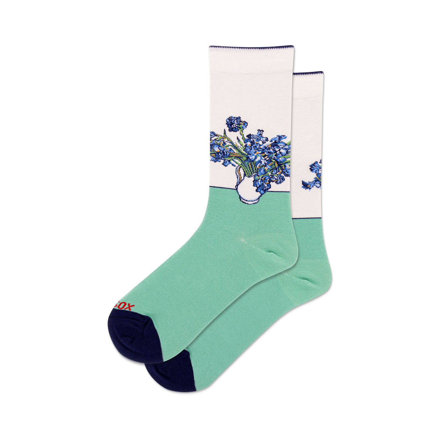 Pair of crew socks with a design featuring Van Gogh's Irises in shades of blue and purple on a white and light green background. Dark navy blue heel and toe.