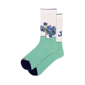 front view of a pair of blue and white crew socks with a painting of irises.