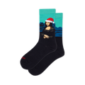 Pair of crew socks; teal, navy, and red; Mona Lisa wearing a Santa hat.
