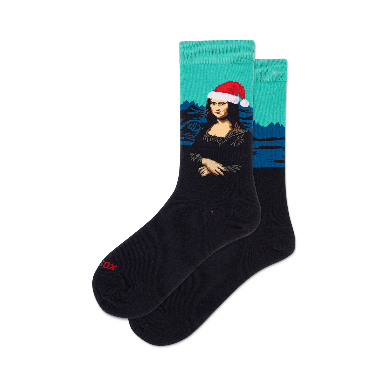 Pair of crew socks; teal, navy, and red; Mona Lisa wearing a Santa hat.