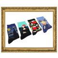 Four pairs of art-themed socks displayed in a gold frame; includes Mondrian, Mona Lisa, Starry Night, and a self-portrait of Van Gogh. [lf]
