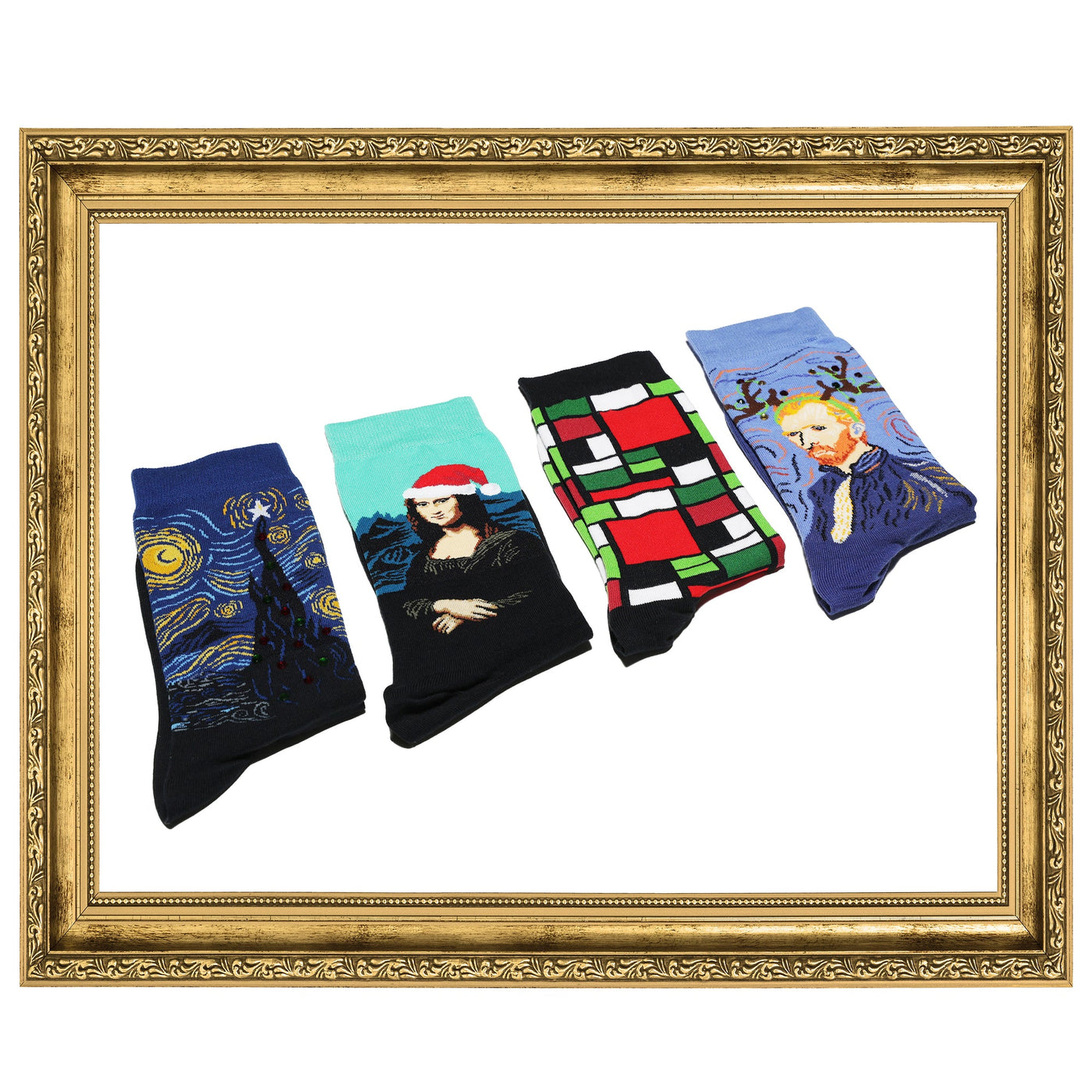 Four pairs of art-themed socks displayed in a gold frame; includes Mondrian, Mona Lisa, Starry Night, and a self-portrait of Van Gogh. [lf]