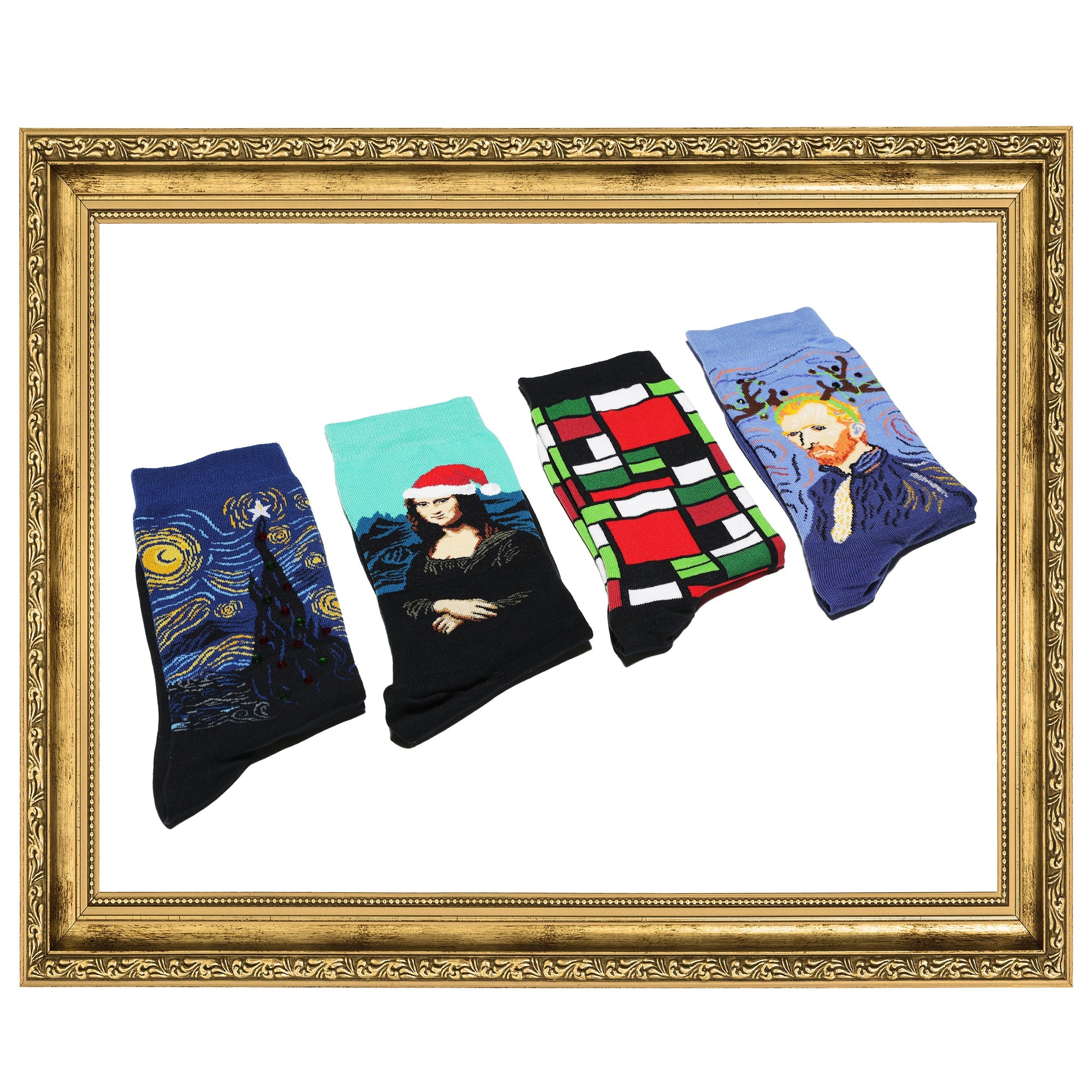 Four pairs of art-themed socks displayed in a gold frame; includes Mondrian, Mona Lisa, Starry Night, and a self-portrait of Van Gogh. [lf]