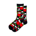 Pair of crew socks featuring a Mondrian-inspired geometric design in red, green, black, and white squares.