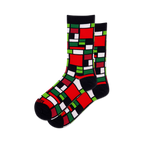 Pair of crew socks featuring a Mondrian-inspired geometric design in red, green, black, and white squares.